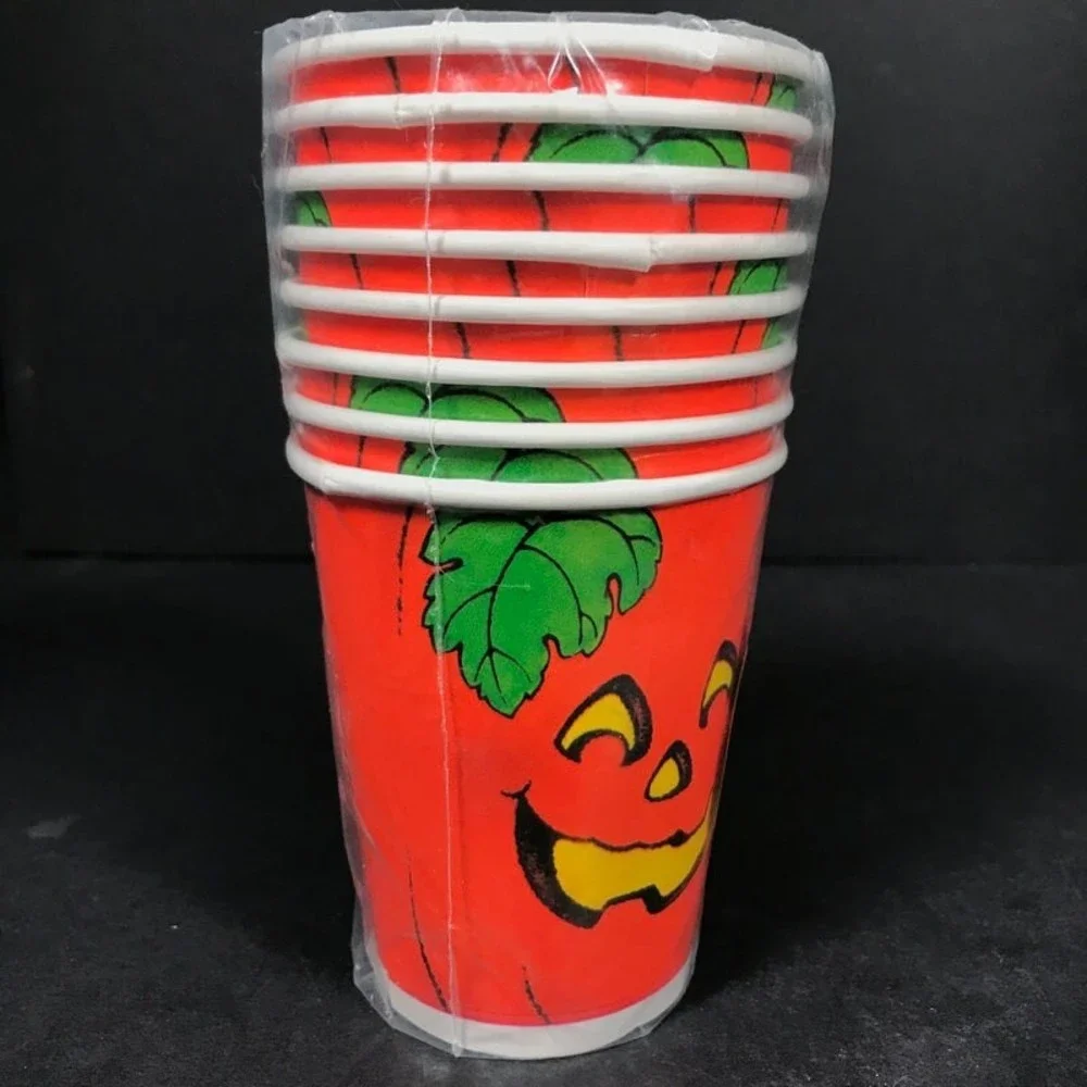Vintage Halloween hot cold paper drink cups 8 Hallmark Jack o lantern NEW